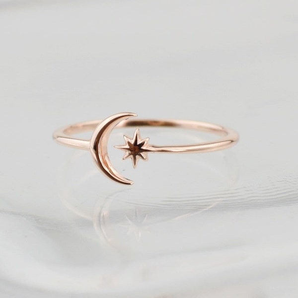 Sterling Silver Open Moon And Star ring, crescent moon, adjustable wrap ring, love you to the moon ring, dainty moon ring, sterling silver