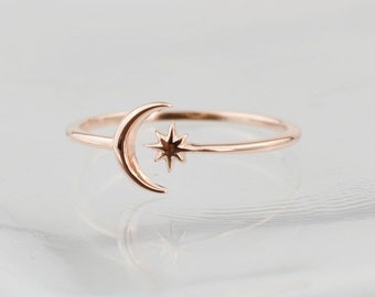 Sterling Silver Open Moon And Star ring, crescent moon, adjustable wrap ring, love you to the moon ring, dainty moon ring, sterling silver