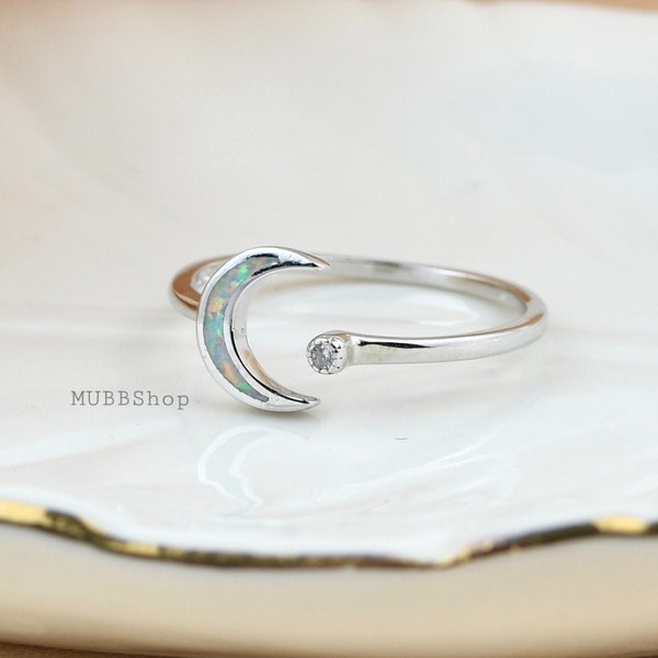 Sterling Silver Opal Open Moon And Star ring,crescent moon,adjustable wrap ring,love you to the moon ring, dainty moon ring, sterling silver