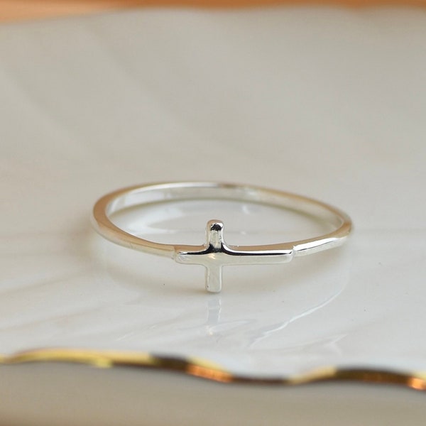 Sideways Cross Sterling Silver Ring, rings for women, stackable rings, sterling silver, cross thumb ring, dainty cross ring