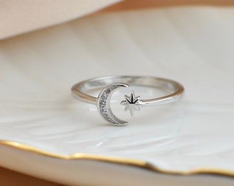 Sterling Silver CZ Open Moon and Star Ring, crescent moon, adjustable wrap ring, love you to the moon ring, dainty moon ring,sterling silver