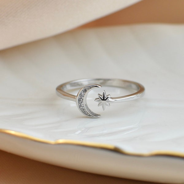 Sterling Silver CZ Open Moon and Star Ring, crescent moon, adjustable wrap ring, love you to the moon ring, dainty moon ring,sterling silver
