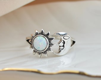 Sterling Silver Open Opal Moon and Star Ring, crescent moon, adjustable wrap ring, love you to the moon, moon opal stone ring