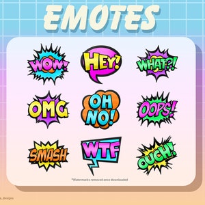 Pode incluir: Um conjunto de 10 balões de fala coloridos no estilo de quadrinhos com diferentes frases, incluindo "Wow!" "Hey!" "What?!" "OMG" "Oh No!" "Oops!" "Smash" "WTF" "Ouch!" Os balões de fala estão em um fundo rosa e azul com uma grade branca.