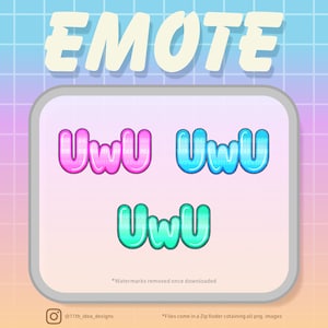 Könnte beinhalten: Drei verschiedene Versionen des Wortes "UwU" in einer blasenartigen Schriftart. Die erste ist rosa, die zweite ist blau und die dritte ist grün. Der Text befindet sich auf einem weißen Hintergrund mit einem grauen Rahmen.