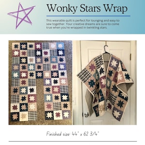 Può includere: Una trapunta patchwork con un motivo a stella storto in tonalità di marrone, beige, blu e rosso. La trapunta è piegata a metà e appesa a una porta. Il testo "Wonky Stars Wrap" e "Finished size: 44" x 62 3/4"" è visibile. Questo modello è molto adattabile. Si prega di leggere l'intero modello prima di iniziare il progetto e si consiglia di personalizzarlo a proprio piacimento!"