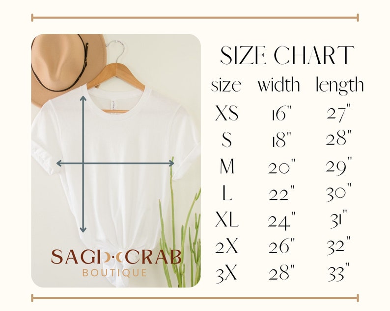Puede incluir: Tabla de tallas para una camiseta blanca con medidas en pulgadas. La tabla muestra el ancho y la longitud de la camiseta en las tallas XS, S, M, L, XL, 2X y 3X.