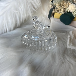 Vintage Glass Sweet Glass Easter Egg Dish Topped with a Bird | Hofbauer sugar dish with Bird Trinket Dish Easter Candy Dish Bowl Lid