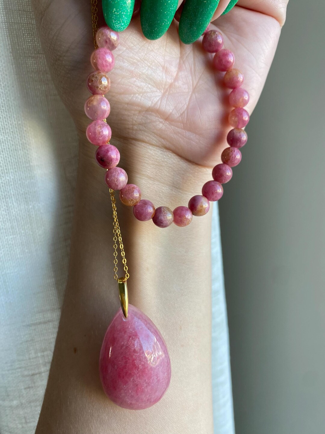 Sakura Rhodonite Tear Drop Necklace: S925 Gold Healing Crystal - Etsy