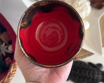 Unique Studio Pottery Bowl | Deep Red & Silver Metallic Glaze | Hand-thrown Ceramic Art Dish | Oxblood Glaze Decor**