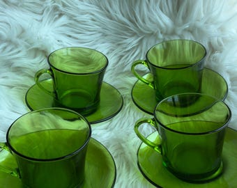 Vintage 1970s Duralex Green Glass Coffee Cups & Saucers - Set of 4