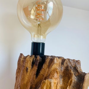 Puede incluir: Una bombilla grande, redonda y de vidrio transparente con un filamento en espiral está montada sobre una base de madera rústica. La bombilla está encendida y proyecta un brillo cálido.