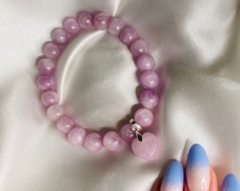 Pulsera de kunzita ojo de gato con dije de corazón S925