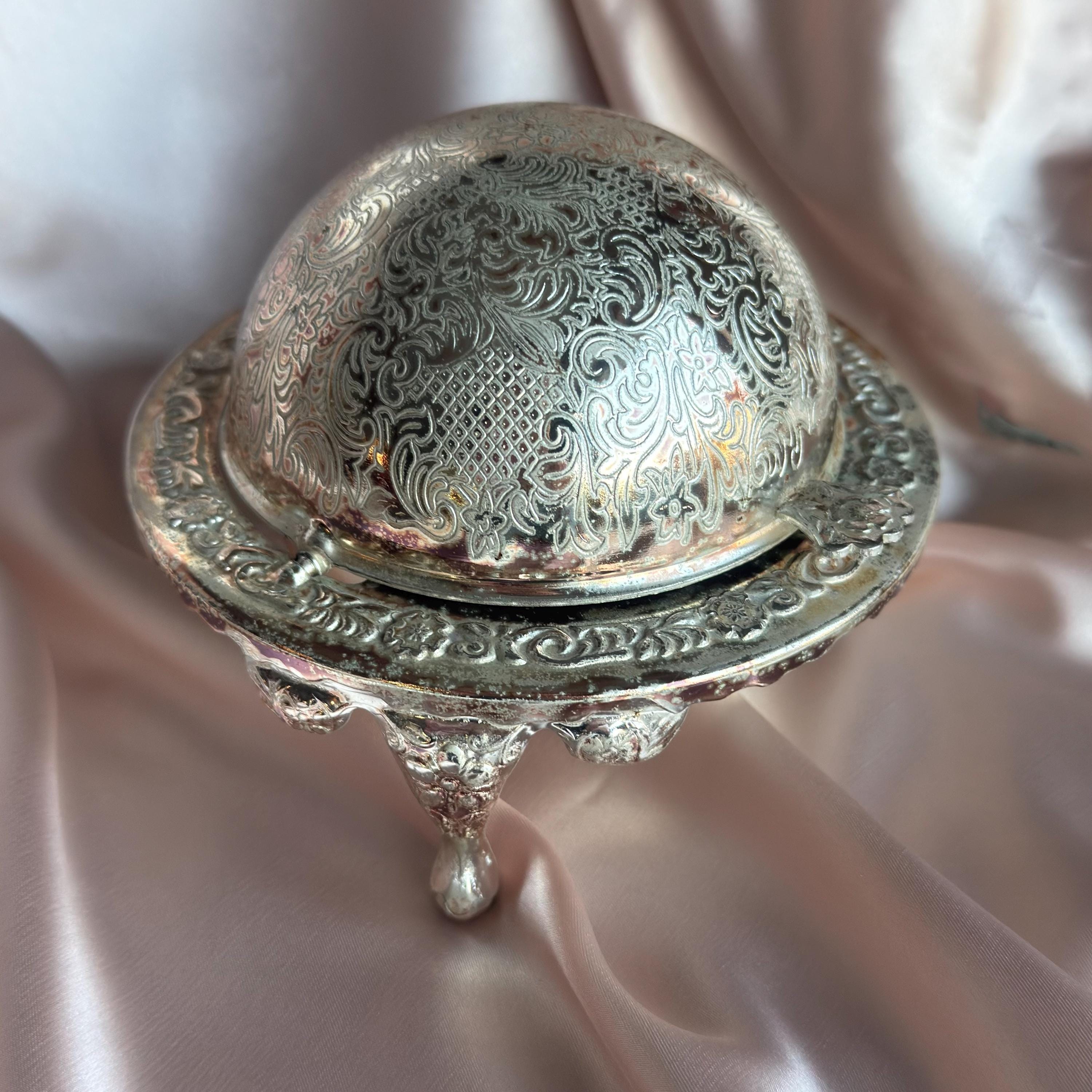Vintage Silver-plated Roll-top Butter Dish With Glass Insert
