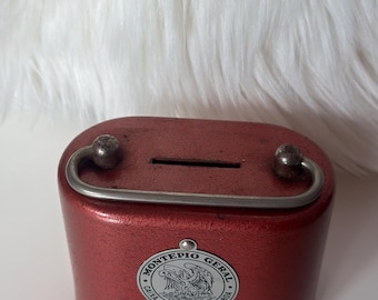 Vintage Red Metal Piggy Bank – Montepio Geral Portugal, 1844 Plaque