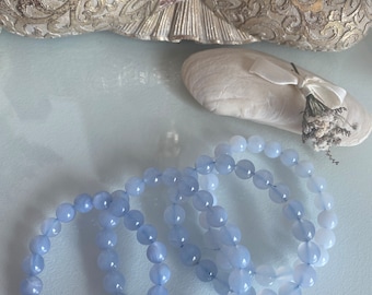Pulsera de cuentas de calcedonia azul, joyería curativa con cristales