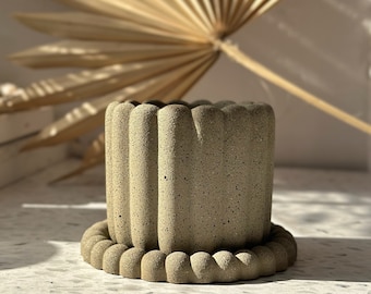 Small Scalloped Planter | Unique Planter | Planter With Saucer And Drainage | Cement Planter | Small Plant Pot