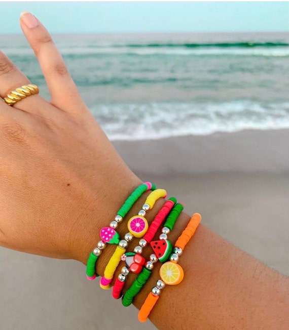 Fruit Clay bracelets Watermelon Charm or Orange Charm Etsy