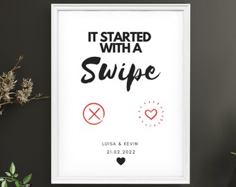 It Started with a Swipe Poster personalisiert mit Namen und Datum, Bild für Paare, Rahmen, Deko, Geschenk, Jahrestag, Geburtstag