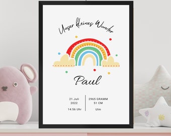 Personalisiertes Kinder Baby Poster mit Regenbogen A4 Name Geburt Geburtsdaten Geschenk Deko Idee Rahmen