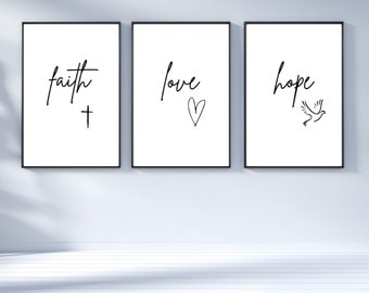 Liebe Glaube Hoffnung 3er Poster Set , Faith Love Hope, Wand Deko, Wohnzimmer, Flur, Schlafzimmer, Glaube, Religion, Spruch Bilder