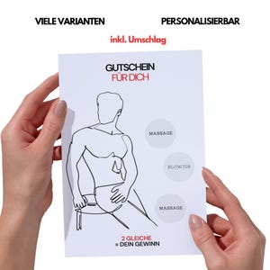 Könnte beinhalten: Ein weißer Gutschein mit schwarzer Strichzeichnung einer Person und den Worten "GUTSCHEIN FÜR DICH". Der Gutschein enthält die Wörter "MASSAGE" und "BLOWJOB" in grauen Kreisen. Der Text "2 GLEICHE = DEIN GEWINN" steht unten.
