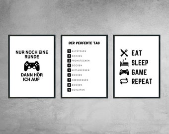 Gamer Poster 3er Set DIN A3, DIN A4, Zocken, Wandbild, Kunstdruck, Bilder, Deko, Gamer Zimmer, Gamer Room, Jugendzimmer