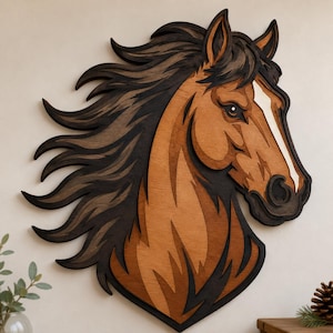 May include: A layered wooden wall art piece depicting the head of a horse in profile. The design features multiple stacked wood layers in varying shades of brown, ranging from light tan to dark espresso, creating a dimensional effect for the mane.
