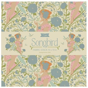 May include: A fabric stack featuring a repeating pattern of women, flowers, and foliage in shades of pink, blue, and green on a cream background. The fabric stack is labeled "Songbird" and measures 10 x 10 inches.