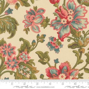 May include: Cream-colored fabric with a repeating floral pattern. Large flowers in shades of pink, teal, and red are interspersed with green leaves and stems. The fabric has a vintage, botanical aesthetic, suitable for quilting or home decor projects.