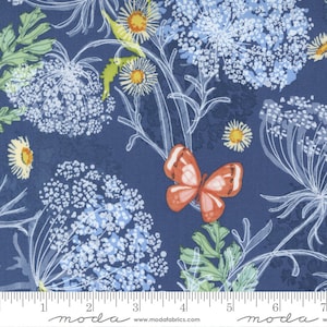 Wild Blossoms Queen Annes Lace Floral Butterfly Navy Blue by Robin Pickens for Moda