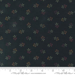 May include: Black fabric with a repeating pattern of small green sprigs with red and yellow dots. The fabric is measured with a ruler in inches.