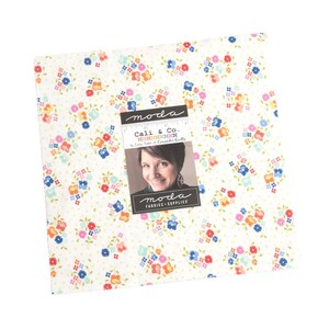May include: Moda Fabrics Cali & Co. fabric collection by Corey Yoder of Coriander Quilts. White background with a small floral print in shades of pink, blue, orange, and green.