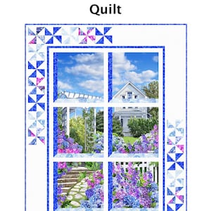 May include: A quilt pattern featuring a window with a view of a white house and a garden with purple flowers. The window is framed with blue and white triangles. The pattern is called "Dream Window Quilt" and is from "Ladeeburg Design, Patterns for Quilters".
