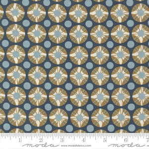 May include: A repeating pattern of blue and brown circles with a white starburst design. The background is a dark blue color.
