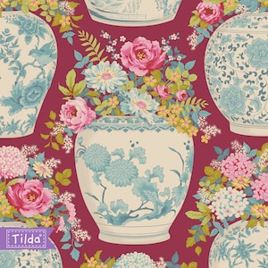 Tilda Chic Escape Flowervase Maroon Yardage by Norwegian Designer Tone Finnanger