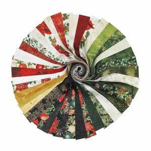 May include: A collection of 24 fabric squares featuring a variety of Christmas-themed patterns, including red and green holly, gold glitter, and poinsettia designs.