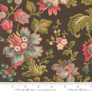 May include: A brown fabric with a floral pattern featuring pink, green, and blue flowers. The fabric is measured with a ruler that reads "moda" and includes the website address "www.modafabrics.com".