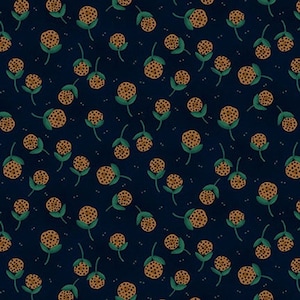 May include: A navy blue floral pattern featuring stylized flowers with brown, dotted petals and green stems and leaves. Small white dots are scattered across the background, creating a whimsical design. This pattern is suitable for fabric, wallpaper, or other decorative applications.