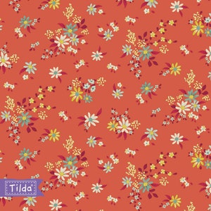 May include: A seamless pattern featuring a repeating design of small white, yellow, and blue flowers on a bright orange background. The pattern is reminiscent of a vintage floral print.