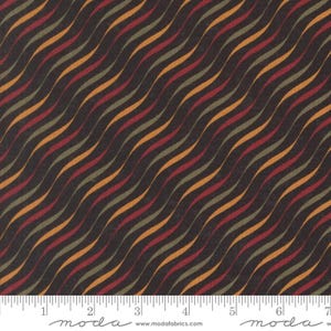 May include: Dark brown fabric with a repeating wavy pattern in red, orange, and green. The fabric has a textured appearance and is suitable for quilting or other craft projects. The pattern is diagonal.