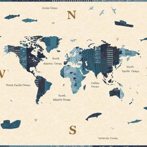 Panneau Longshore Newton 36" x 44" Carte du Monde Sea Natural par Janet Clare pour Moda 24619 11