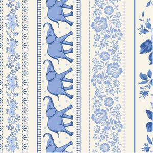 May include: A repeating pattern featuring blue elephants, floral designs, and dotted lines on a cream background. The design includes vertical stripes with alternating motifs of elephants, flowers, and decorative borders, creating a whimsical and elegant aesthetic.