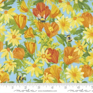 Wild Blossoms Daisies And Poppies Mist Blue by Robin Pickens for Moda