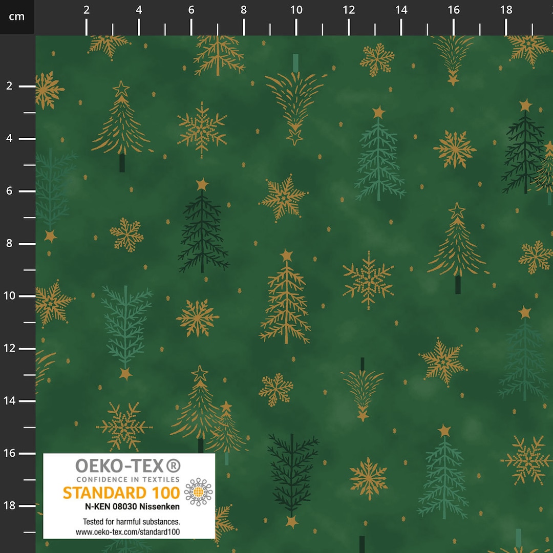 Stof Christmas Frosty Snowflake Collection Christmas Trees Green Gold