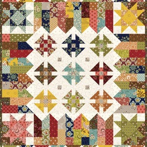 May include: A patchwork quilt with a cream background and a variety of colorful fabric patterns. The quilt features star and geometric designs in shades of red, yellow, green, and blue. The border is a dark floral print.