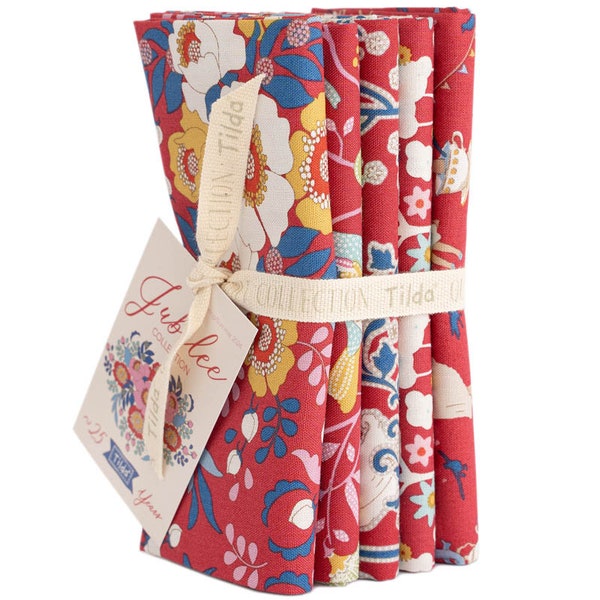 Lot de 5 tissus Tilda Jubilee Red Fat Quarters, un demi-mètre ou un mètre par le designer Tone Finnanger