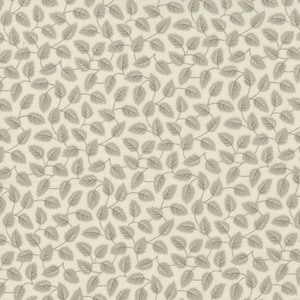 May include: A seamless pattern of small, gray leaves on a cream background. The leaves are arranged in a random pattern, creating a subtle and elegant design.