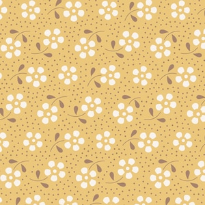 Może przedstawiać: Wzór bez szwów z białymi kwiatami z brązowymi łodygami i liśćmi na żółtym tle z brązowymi kropkami.