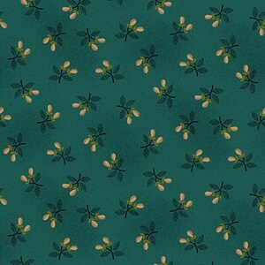 May include: Teal fabric with a repeating pattern of small white flowers with black stems and leaves.